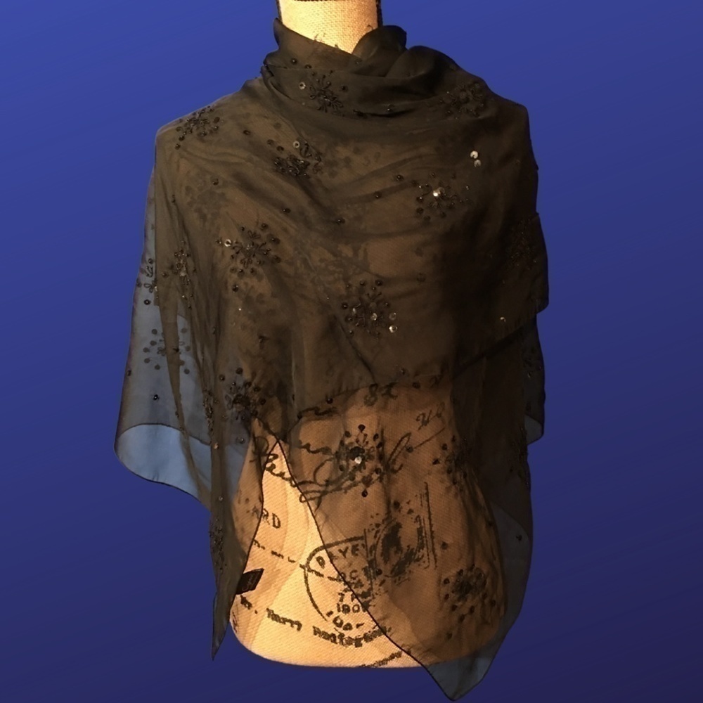 CEJON ACCESSORIES INC.100% Polyester Chiffon/Sequin Wrap, Beaded Black Chiffon